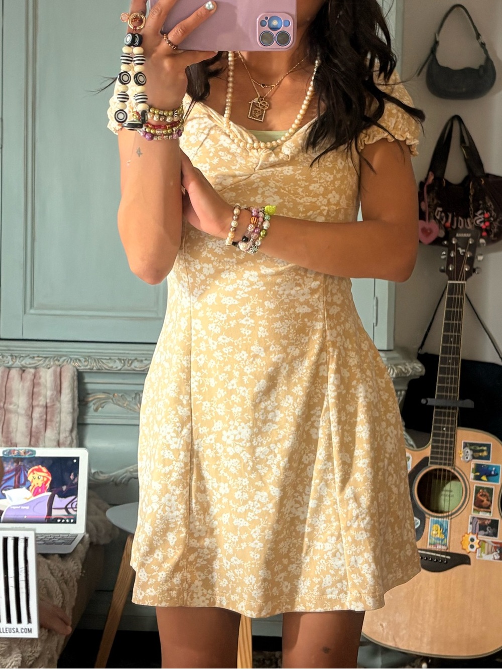 Pale Butter Yellow Floral Puff-Sleeve Mini Dress